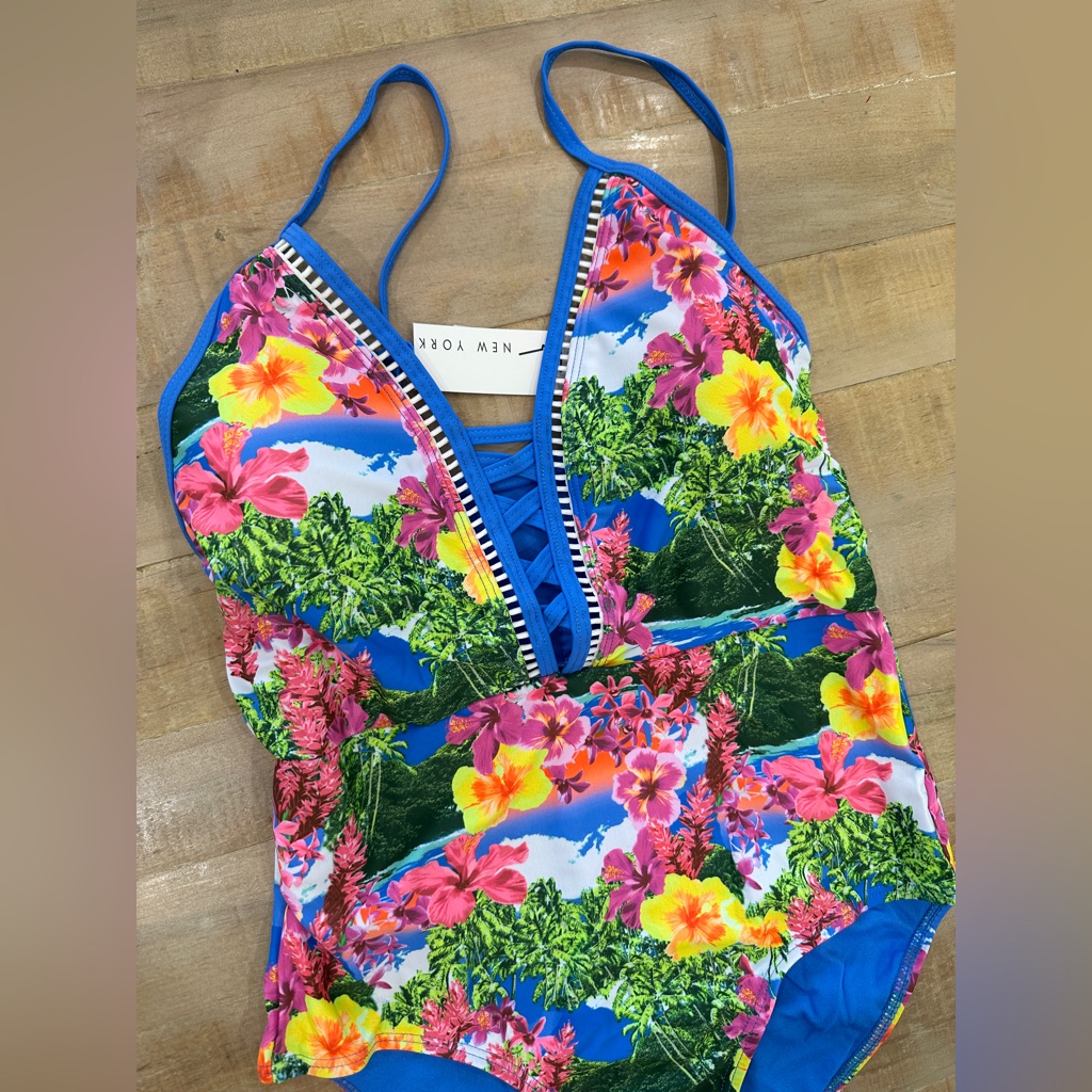 Nicole Miller Tropical Lace Up Mio One Piece Swim Plunging Neckline